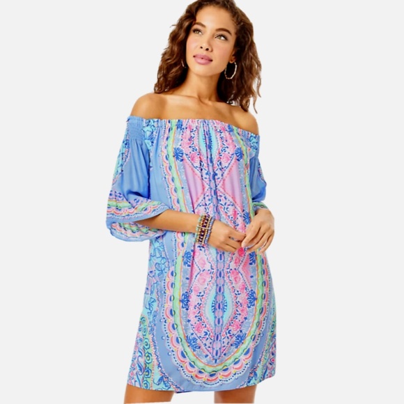$178 NWT LILLY PULITZER FAWNA OFF SHOULDER DRESS SEASIDE SHINDIG ENGINEERED XL - Picture 5 of 9